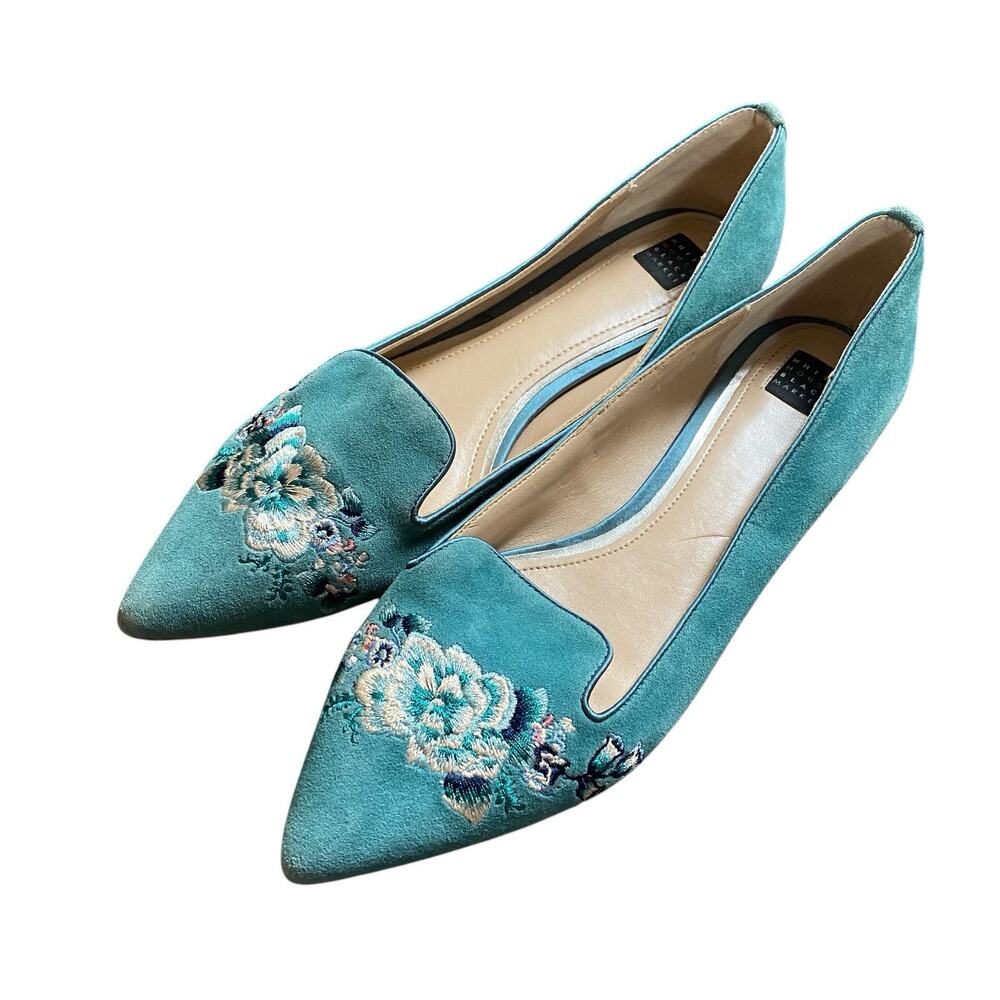 White House Black Market Women 8 .5 Blue Embroidered Floral Pointed Flats Flower - Picture 5 of 9